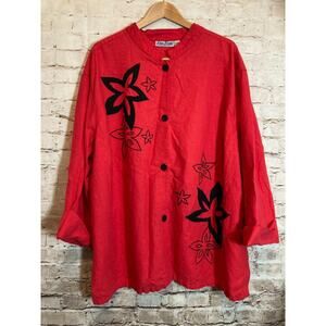 Erica Brooke Top Womens 36 Linen Cherry Red Embroidered Button‎ Front Artsy Plus